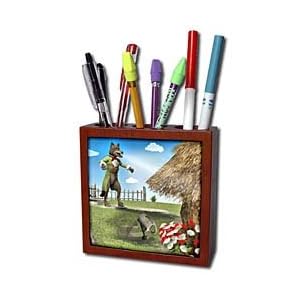 Boehm Digital Paint Fairy Tales - The Big Bad Wolf blowing the house down - Tile Pen Holders-5 inch tile pen holder