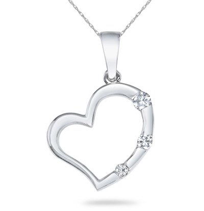 Three Stone Diamond Heart Pendant, 14K White Gold
