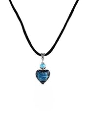 Necklace - N72 - Heart Shape Murano Style Glass ~ Black and Aqua Blue Stripe