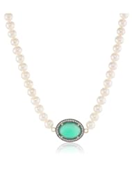 White Potato Freshwater Cultured Pearls with Green Onyx Oval Cubic-Zirconia Prong Set Gold over Silver Necklace, 16"+2" Extender