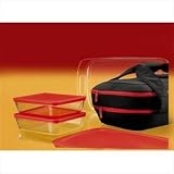 Pyrex Portable 9-Piece Double Decker Set - includes 1-ea 3-qt Easy GrabOblong - Red Plastic Cover - Black Carrier - Large Unipack - 2-ea 6-cupRectangle Storage Dishes - Red Plastic Covers