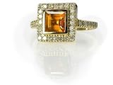 18K Yellow Gold Square-Shape Citrine Color-Stone Ring, Enhanced with Pave Set Diamonds.