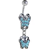 Anitque Silver DOUBLE BUTTERFLY Solar Blue Gem Dangle Belly Ring