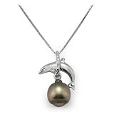 Tahitian Black Pearl Dolphin Pendant with Diamond in 14K White Gold