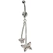 Stainless Steel Belly Ring with Clear Australian Crystals - Dangling butterflies 14g/5mm ball