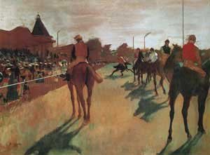 Race Horses in front of the Grandstand Art Poster by Edgar Degas - 14" x 8"
