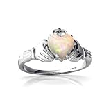14K White Gold Heart Genuine Opal Celtic Claddagh Ring