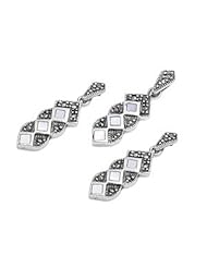 Sterling Silver Pearl Triple Diamond Stone Marcasite Vintage Earring Pendant Set