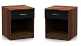 Set of 2 Bedside Cabinet in Black High Gloss & Walnut Frame