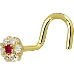 Solid 14KT Yellow Gold Clear Red CZ Flower Nose Screw Ring