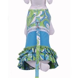 Cha-Cha Couture Retro Blue Print Dress with Leash (medium - For Dogs 11-15lbs)