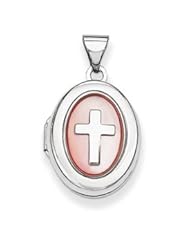 Genuine IceCarats Designer Jewelry Gift Sterling Silver Pink Mop Cross 2-Frame Oval Locket