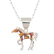 Southwestern Horse Pendant with Spiny Oyster Inlay by Navajo Native American Artist in Sterling Silver on 18" Bead Bar Chain, #7732