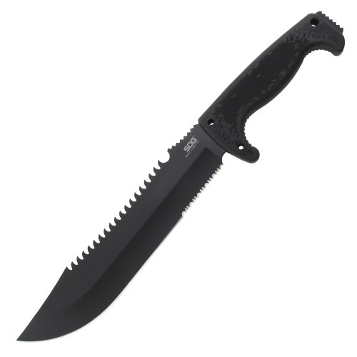 SOG Specialty Knives & Tools F03TN-CP Jungle Primitive, 9.5-Inch Partially Serrated Steel Blade with Saw Back, Black Hardcased