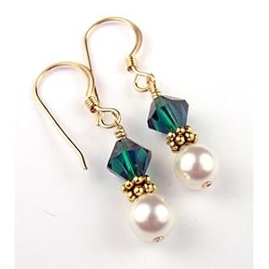 Buy May Emerald Gold Filled Swarovski Crystal Beaded Birthstone Pearl Drop Earrings by Gemstone Gifts Handmade Jewelry