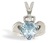 14K White Gold Genuine Heart Aquamarine and Diamond Celtic Claddagh Pendant
