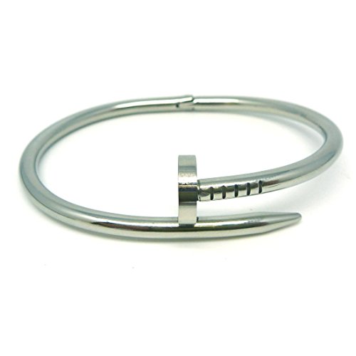 Stainless Steel Nail Style Love Bangle Bracelet Oval High Polish Silver , Fits 7.5inch Wrists