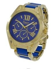 Geneva Platinum 12468112-ROYAL BLUE/GOLD Womens Roman Numerals Decorative Chronograph Link Watch