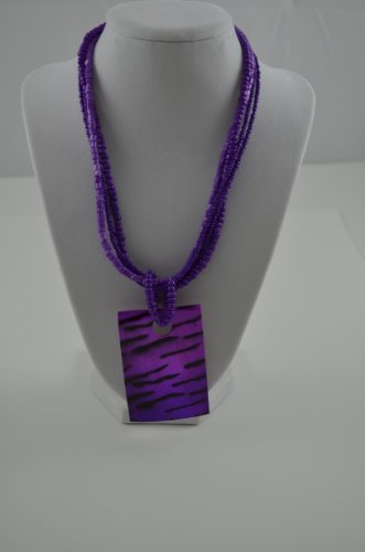 Necklace SQ Shell Pendant with Beads Zebra Design Purple/BLK3ext