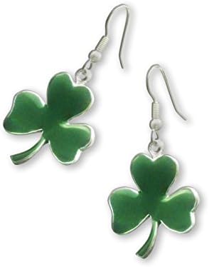 Real MetalSt. Patrick's Day Irish Shamrock Dangle Earrings Sports Memorabilia Green Enamel on Silver Finish Pewter