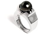 Natural Black, Tahitian South Sea Pearl, Set in 18K White Gold Ring, Enhanced with Bezel set Diamonds