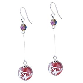 Silver Intricate Line Red Ball Earrings