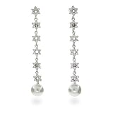 Eve's Addiction Sterling Silver CZ Flower Drop Pearl Earrings