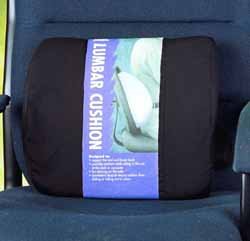 sacral support cushion-Lumbar Cushion - Navy 12 inch polyurethane foam molded to curve around to the sides of the back. Supports the lumbar and sacral regions of the spinal colum while sitting. May be used in chair or car. Washble, removable covers.