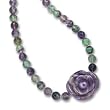.925 Silver, Fluorite & Amethyst Beaded Necklace with Carved Amethyst Flower Pendant- 18 + 2 IN