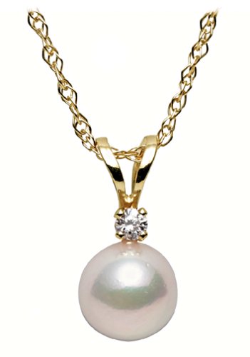 Akoya Cultured Pearl 6mm Pendant w/ Diamond (.03 ct) on 14k Yellow Gold Chain, 18