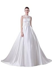 A-line Spring Fall Sleeveless Bateau Neck  Satin/Tulle  Beaded Applique  Ball Gown Wedding Dress  with a Court Train  With a Bow(s)