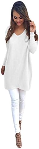 EKIMI Womens Casual Loose Long Sleeve V-Neck Jumper Sweaters Coat Blouse (L, White)