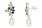 3 1/5 Carat Peridot, Amethyst and Cultured Freshwater Pearl Sterling Silver Earrings