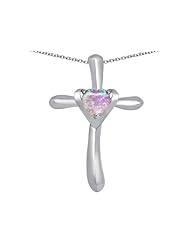 Original Star K (tm) Cross Love Pendant with 6mm Heart Shape Created Pink Opal in 925 Sterling Silver