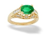 14K Yellow Gold Genuine Oval Emerald and Diamond Antique Style Ring