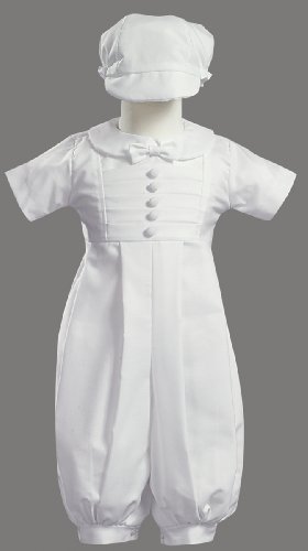 White Poly Cotton Christening Baptism Romper Set with Pleated Bodice and Hat