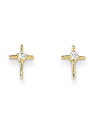 MadiK® 14k Yellow Gold Polished Small Cross w/ CZ Screwback Post Earrings