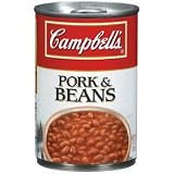 Campbell's pork&beans Water cooked pea beans, high fructose corn syrup, modified Food starch, salt, pork, tomato puree (Water (051000112859)