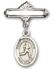 Sterling Silver Baby Badge with St. Sebastian/Track & Field Charm and Polished Badge Pin