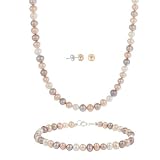 Sterling Silver 5.5-6mm Genuine Freshwater Cultured Multi-Color Pearl Necklace Bracelet & Stud Earring Set