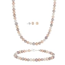 Sterling Silver 5.5-6mm Genuine Freshwater Cultured Multi-Color Pearl Necklace Bracelet & Stud Earring Set