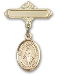 Gold Filled Baby Badge with Our Lady of Lebanon Charm and Polished Badge Pin