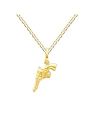 14K Yellow Gold Revolver Hand Gun Charm Pendant with Yellow Gold 1.5mm Flat Mariner Chain Necklace with Spring Clasp - 16" Inches - Pendant Necklace Combination