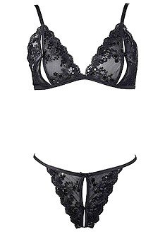 SUPER SEXY BH+ STRING OVERTE NETZWARE SCHWARZ+SCHLEIFEN + PAILLETTEN NEU 422b