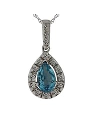 0.49ct Pear Blue Topaz December Birthstone 0.07ct H-I I1-I2 Diamond Halo Tear Drop Pendant .925 Sterling Silver, 10k or 14k White Gold