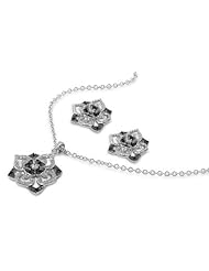 Sterling Silver Elegant Rose Flower Design Pendant Necklace and Earrings Jewelry Set with Black and Clear CZ