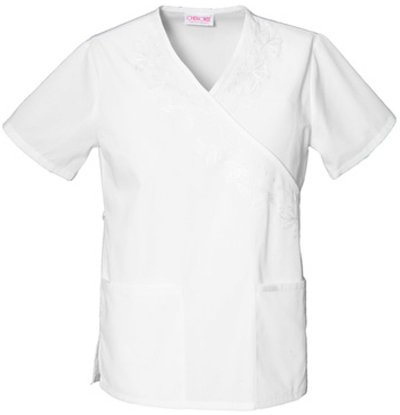 Cherokee Women's Professional Whites Embroidered Mock Wrap Tunic Solid Scrub Top