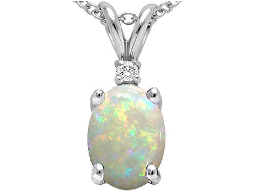0.78 cts Oval Opal and Diamond Pendant - 14kt White or Yellow Gold