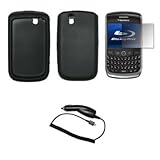 Black Silicone Gel Skin Cover Case + LCD Screen Protector + Rapid Car Charg ....