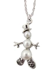 Sterling Silver Snowshoe Snowman Pearl Pendant w/ 18" Rope Chain Holiday Jewelry